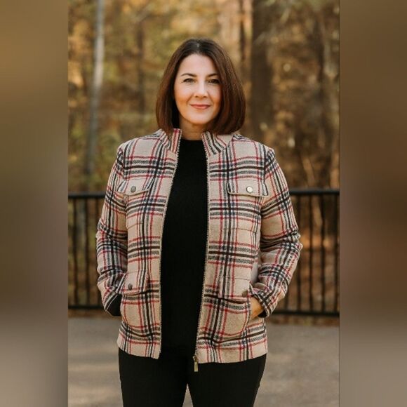 Rachel Zoe NWT Plaid Moto Jacket Sz M Zip Front Snap Pockets Red Beige Check - Picture 1 of 10